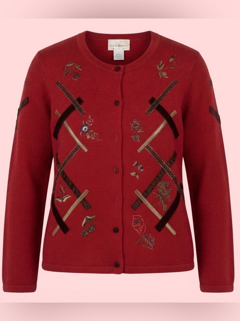 Vintage 1998 Susan Bristol Red Cardigan L ❤️ Grandmacore Cottagecore